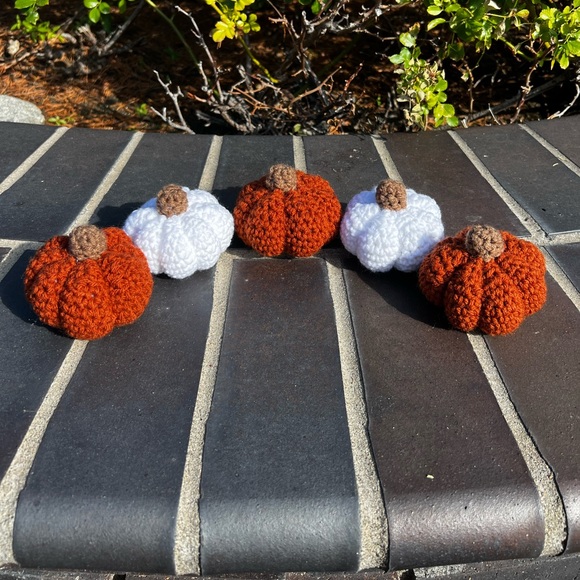 Hand Crocheted Set of 5 Rustic White & Orange Pumpkins Fall Halloween Decor! - Picture 1 of 12